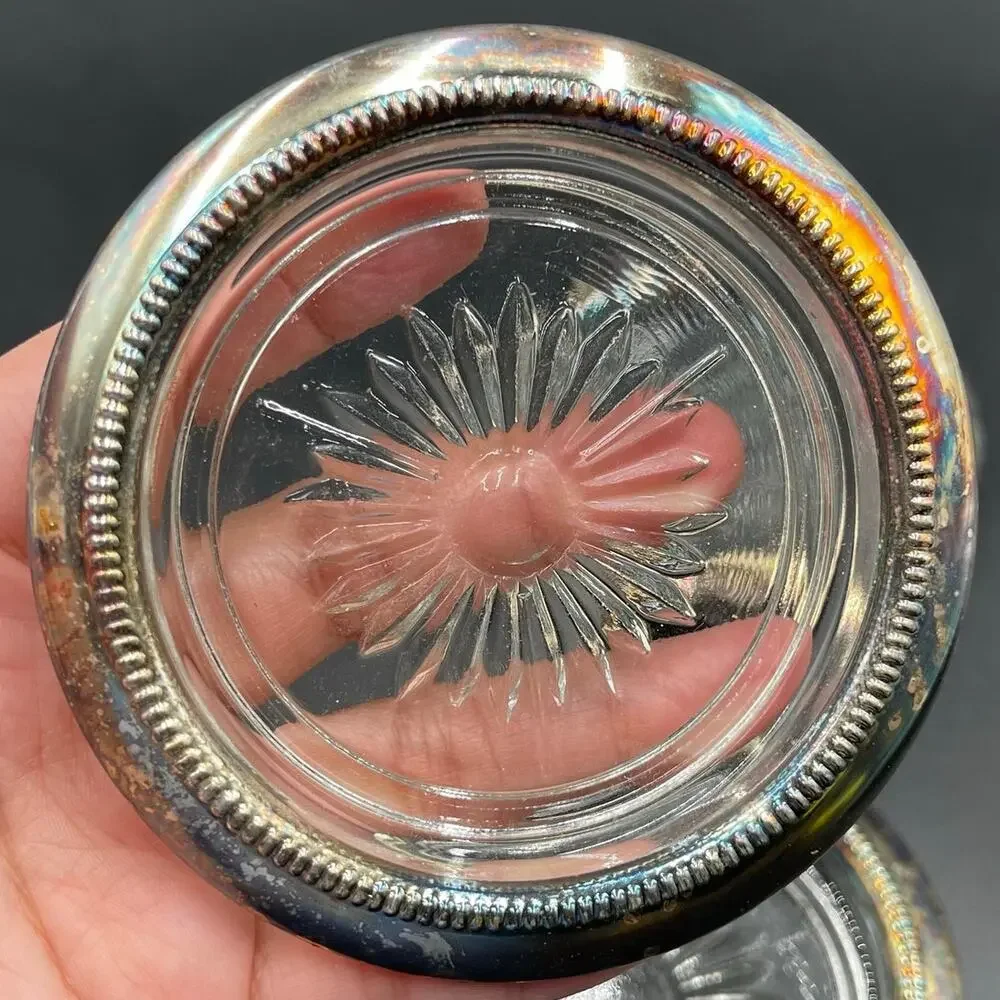 Vintage Leonard Silverplate Coasters Italy Glass Insert Starburst Set of 3